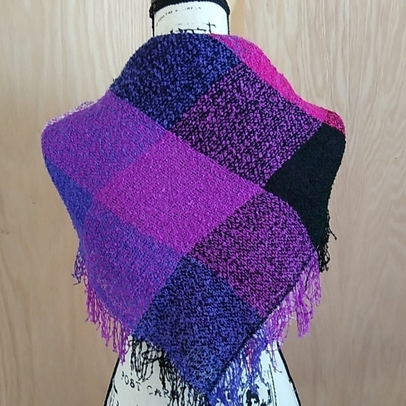 Checked Fringe square scarf purple black pink - Picture 2 of 8